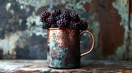 Blackberries Heap in Copper Mug on Rustic Wooden Surface Still Life Food