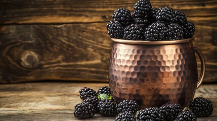 Blackberries in a Copper Mug on Rustic Wood Table, AntioxidantRich Fruits