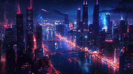 Fototapeta premium Futuristic city skyline at night, vibrant neon lights illuminate skyscrapers reflecting on water