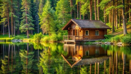 wooden cottage in forest by lake, summer, lake,  summer, lake, water, nature, reflection, rural, trees, countryside
