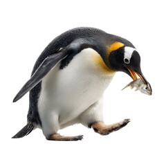 Naklejka premium A penguin walking with a fish in its mouth against a black background in a studio setting