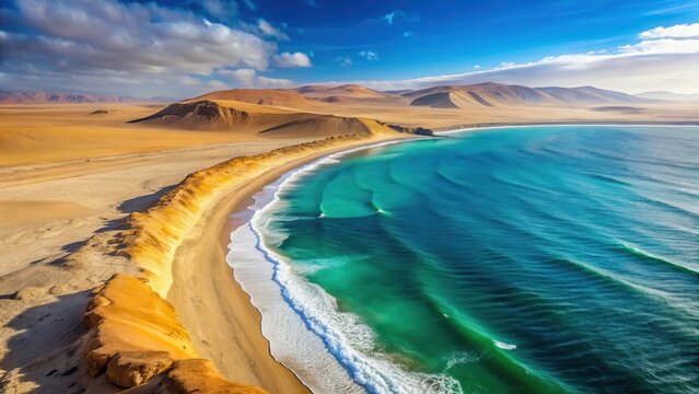 Panoramic view of vast desert landscape with turquoise waters and white sandy beach in Playa de la Mina, Paracas desert