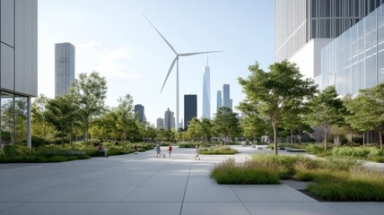 Fototapeta premium Urban Green Space with Wind Turbine in City Skyline urban oasis green space wind turbine public park