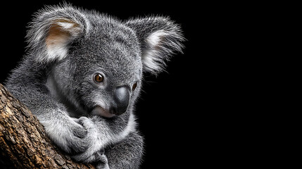 Fototapeta premium Close-up of a koala perched on a branch against a dark background, showcasing its features