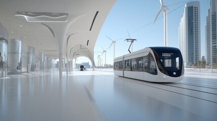 Futuristic Tram Station with Wind Turbines and Modern Design tram train station future futuristic