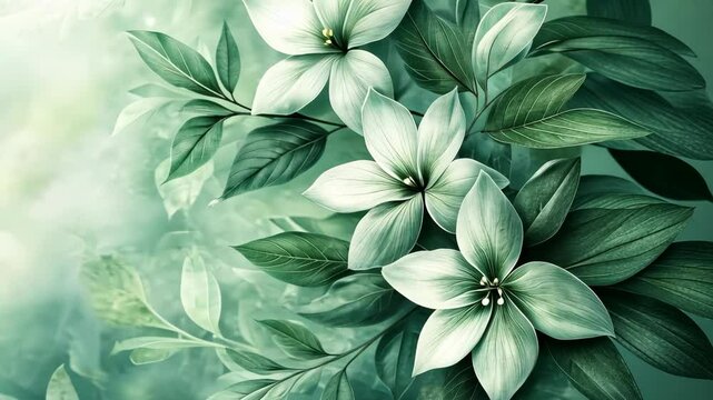 Lush, dreamy green foliage with delicate white blossoms. Soft light filters through leaves