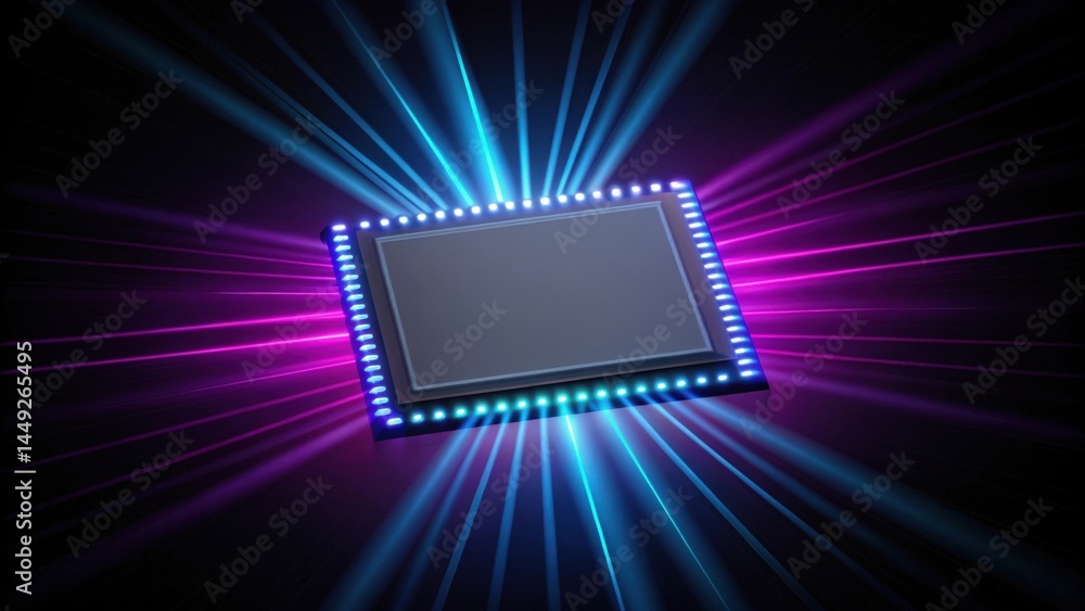 Poster collaborate work, ai and a technology. futuristic microchip glowing with vibrant light rays in a dar