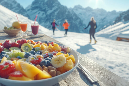 of fresh fruits and vegetables on wooden table vibrant smoothies and vitamin salads organic products in kitchen.