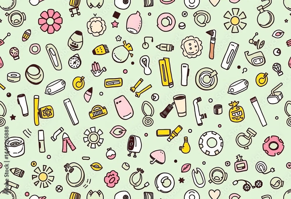 Poster whimsical hand-drawn doodles in a repeating vector pattern, ideal for backgrounds, childish, objects