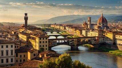 Fototapeta premium A picturesque scene of Florence’s cityscape with the famous Duomo standing tall, surrounded by historic buildings and the Arno River reflecting the warm afternoon light