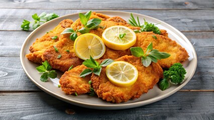 Crispy chicken schnitzel sliced on a plate with a side of tangy lemon wedges and fresh herbs , lunch, breaded,  lunch, breaded
