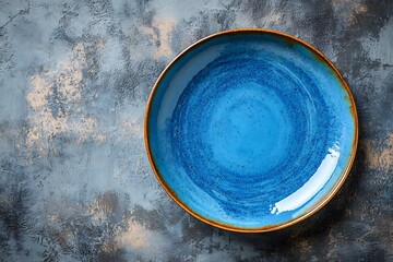 Blue ceramic plate on textured gray painted backdrop, topdown still life