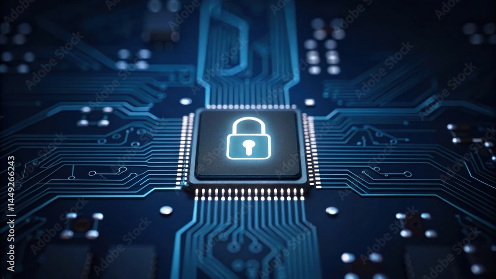Poster collaborate work, ai and a technology. digital circuit board featuring a padlock symbol, representin