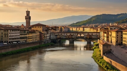 Fototapeta premium A picturesque scene of Florence’s cityscape with the famous Duomo standing tall, surrounded by historic buildings and the Arno River reflecting the warm afternoon light