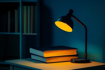 Books illuminated by study lamp with shelf, books on wooden table in night