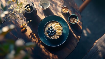 Bowl of oatmeal topped with blueberries and banana on a rustic wooden table top