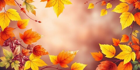 Watercolor autumn leaves border frame with copy space, celebration, branch