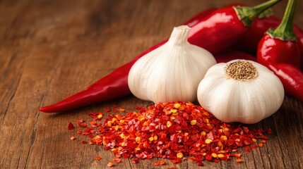 Fresh garlic bulbs and red chili peppers are arranged on a wooden surface, with crushed chili flakes adding vibrant color and spice to the composition.