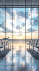 Bright Airport Interior with Empty Seats, Large Windows & Airplane in Distance