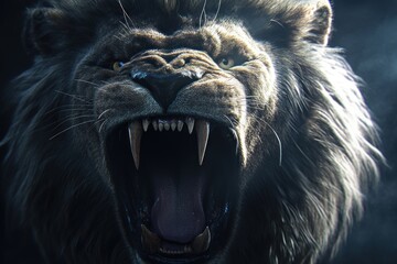 angry lion growling with mouth open, teeth and tongue highly detailed, photorealistic
