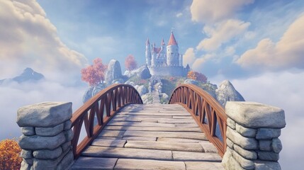 Obraz premium Fantasy castle on a cloud-covered mountaintop, reached by a wooden bridge