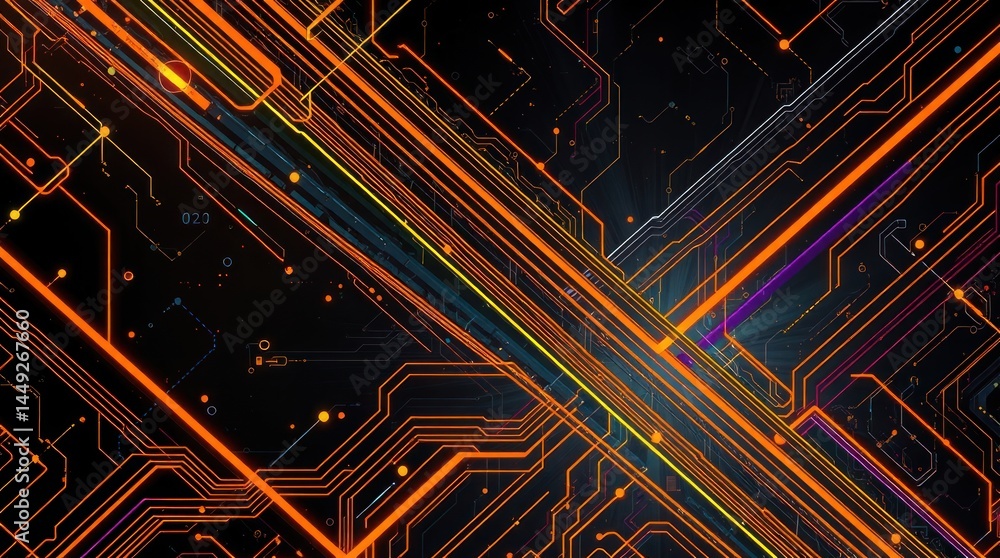 Aufkleber abstract digital artwork featuring vibrant orange and yellow circuit lines intersecting on a dark ba