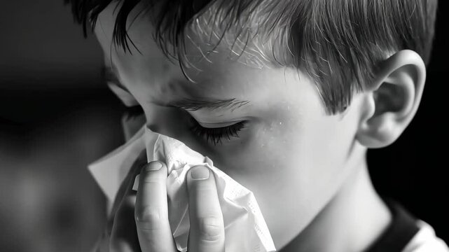 Close-up video of young boy, visibly distressed from having a cold, as he blows his nose into a tissue for relief. His eyes show discomfort, emphasizing the struggle with his illness. Black and white