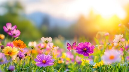 Vibrant Spring Meadow with Blooming Cosmos Flowers and Butterfly at Sunrise