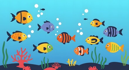 Cartoon Fish Swimming Underwater in a Colorful Coral Reef Scene