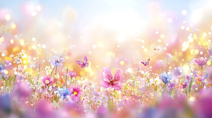 Vibrant Spring Meadow with Blooming Flowers and Butterflies