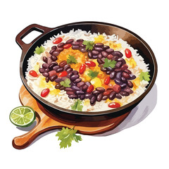 traditional Mexican dish with beans cute watercolors illustration on white background