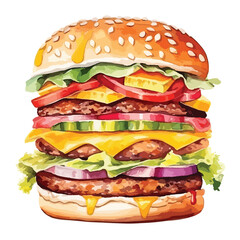 towering burger with layers of topping cute watercolors illustration on white background