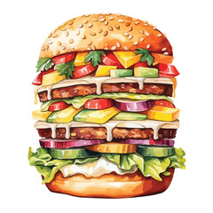 towering burger with layers of topping cute watercolors illustration on white background