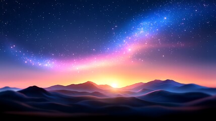 Vibrant Starry Night Sky Over Silhouetted Mountains at Sunrise