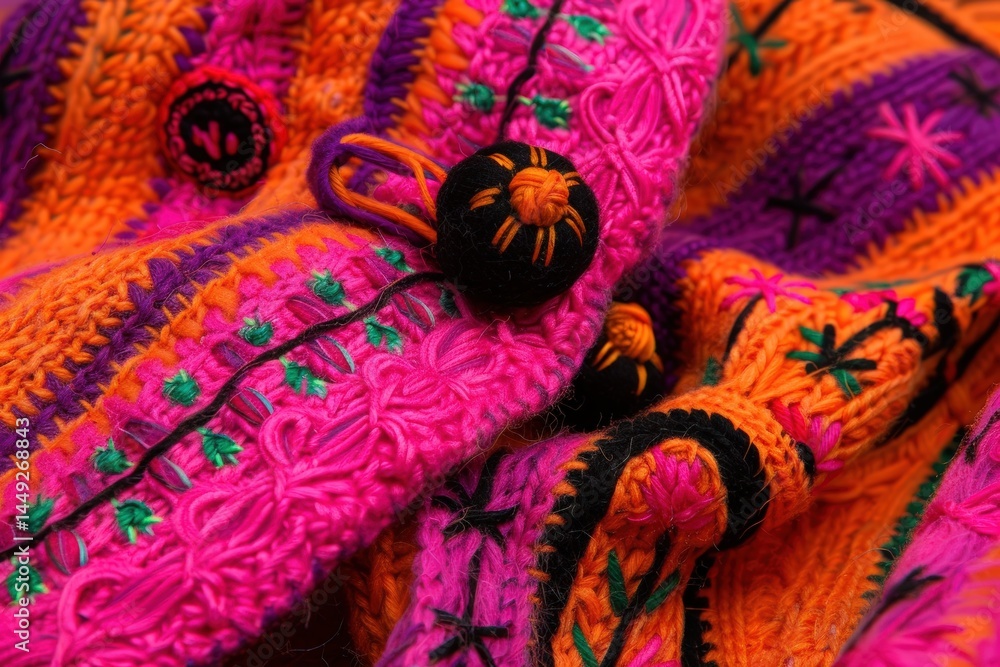 Poster colorful embroidered textiles with intricate patterns and designs.