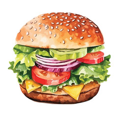 vegetarian burger made with fresh vegetable  cute watercolors illustration on white background