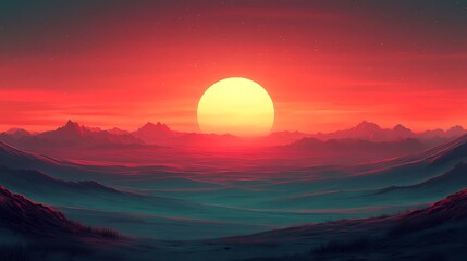 Fototapeta premium Alien world red sunset landscape vista