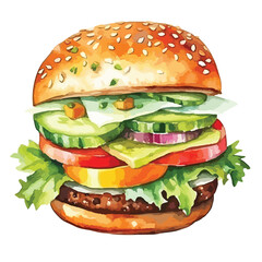 vegetarian burger made with fresh vegetable  cute watercolors illustration on white background