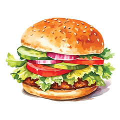 vegetarian burger made with fresh vegetable  cute watercolors illustration on white background
