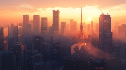 Fototapeta premium Sunrise over a futuristic city skyline. A panoramic view of skyscrapers, and a hazy, warm light