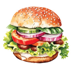 vegetarian burger made with fresh vegetable  cute watercolors illustration on white background