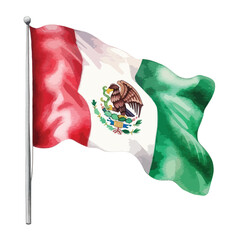 vibrant Mexican flag waving cute watercolors illustration on white background