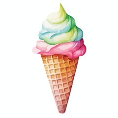 waffle cone filled with colorful ice cute watercolors illustration on white background