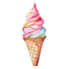 waffle cone filled with colorful ice cute watercolors illustration on white background