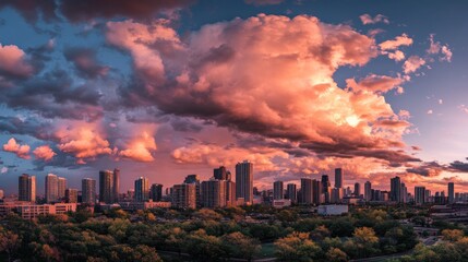 Sunset city skyline obscured by dramatic clouds