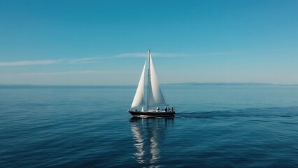 Fototapeta premium An aerial photograph capturing a classic sailboat with white sails gliding smoothly across a calm, deep blue sea. The sky above is a clear, bright blue with a subtle haze on the distant horizon.
