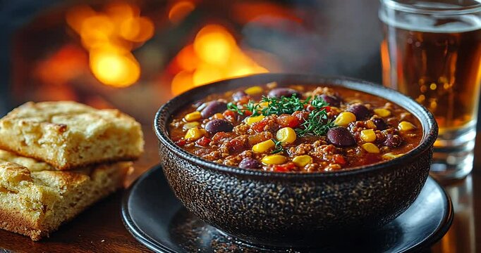 Warm bowl of chili with corn and beans beside cornbread, glowing fireplace in background