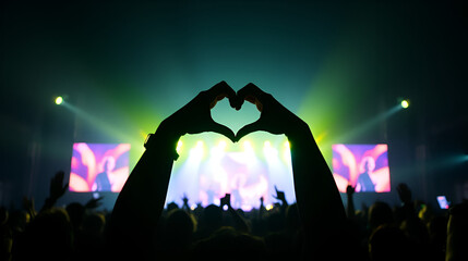 Silhouettes of crowd at concert raising hands in heart shape. Summer music festival lights. Active...