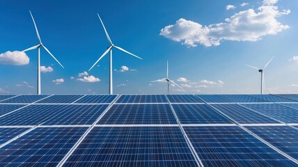 Renewable Energy: Solar Panels and Wind Turbines under Blue Sky solar panels wind turbines blue sky