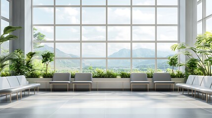 Bright waiting area, white chairs, big window, plants, landscape view, modern architecture
